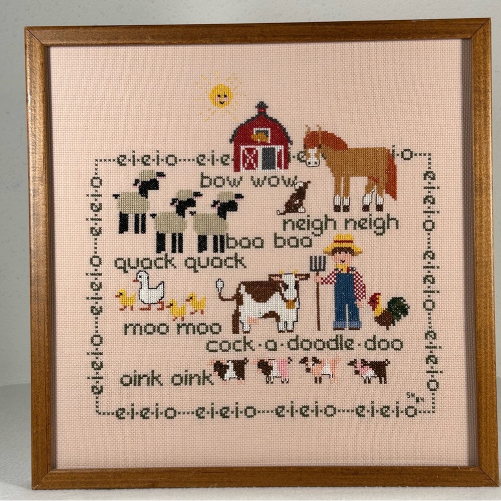 Vintage 1984 Cross Stitch Old MacDonalds Farm Scene Framed Picture Wall Hanging